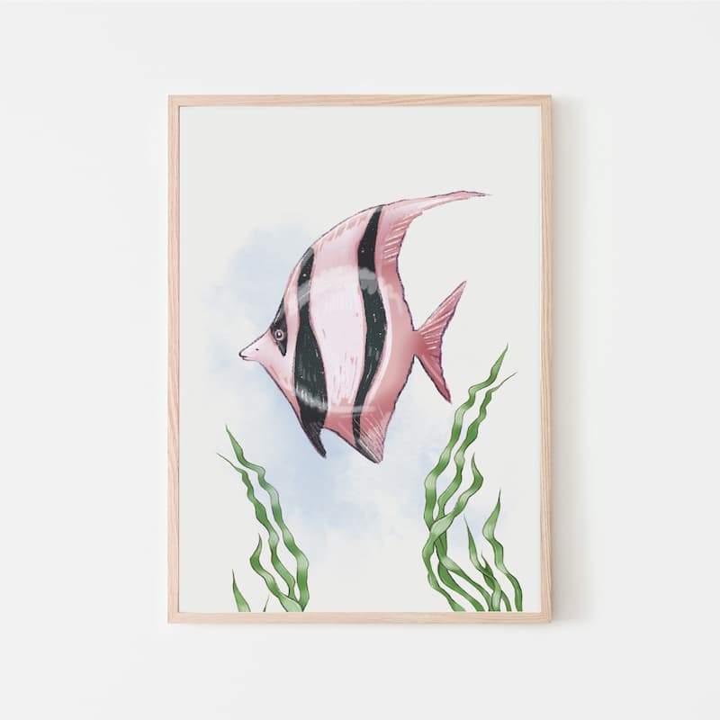 Watercolour Mermaids - Pink Stripe Fish - Pompom Prints