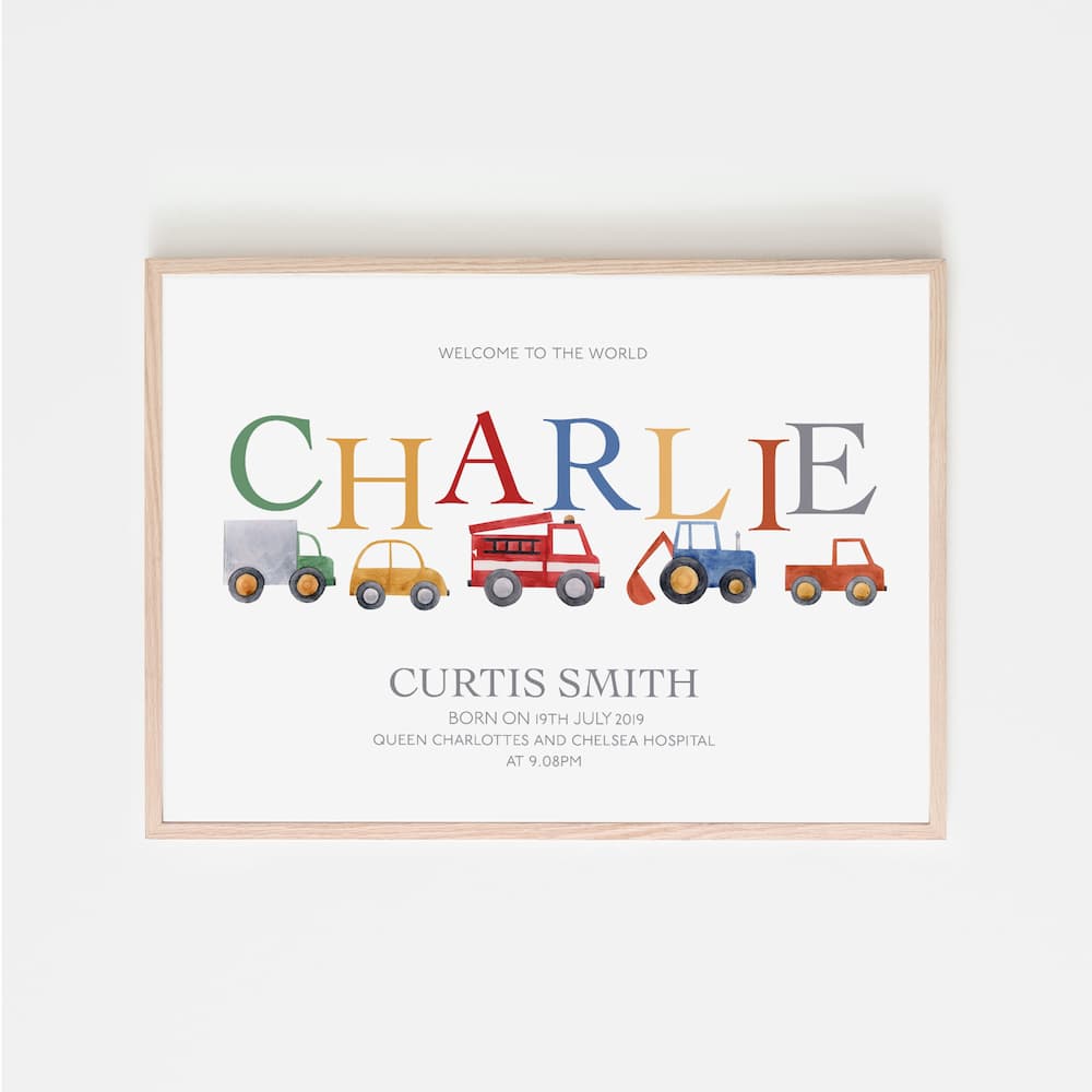 Watercolour Vehicles - New Baby Personalised - Pompom Prints