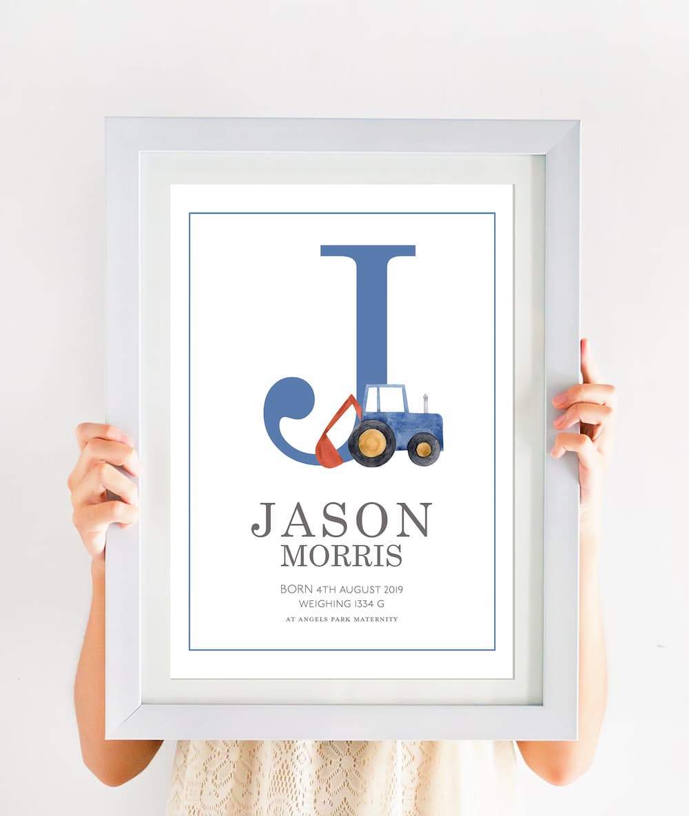 Watercolour vehicles - Personalised Name and Letter Print - Blue - Pompom Prints