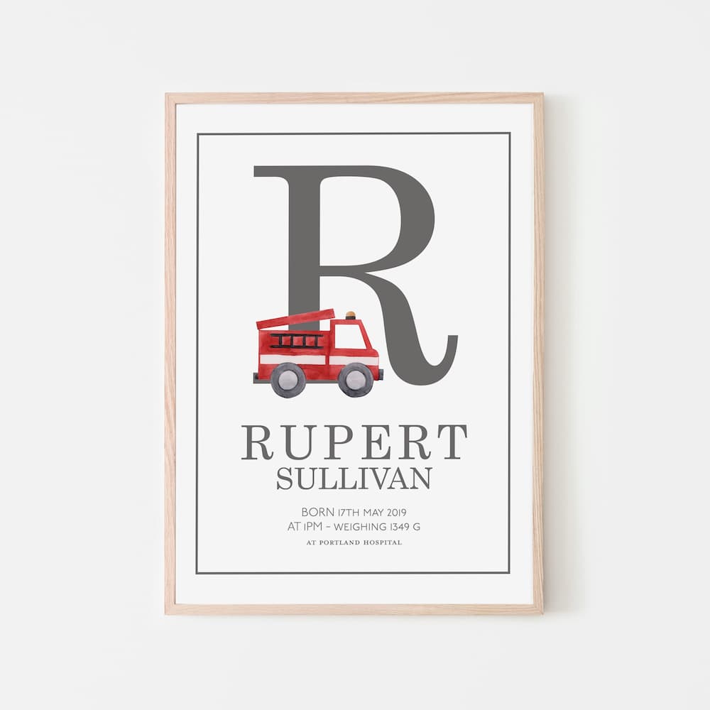 Watercolour vehicles - Personalised Name and Letter Print - Grey - Pompom Prints
