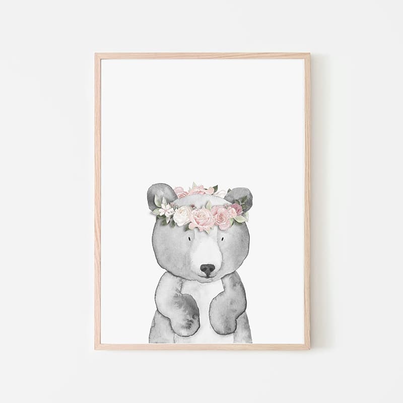 Woodland Animals Pink - Bear - Pompom Prints
