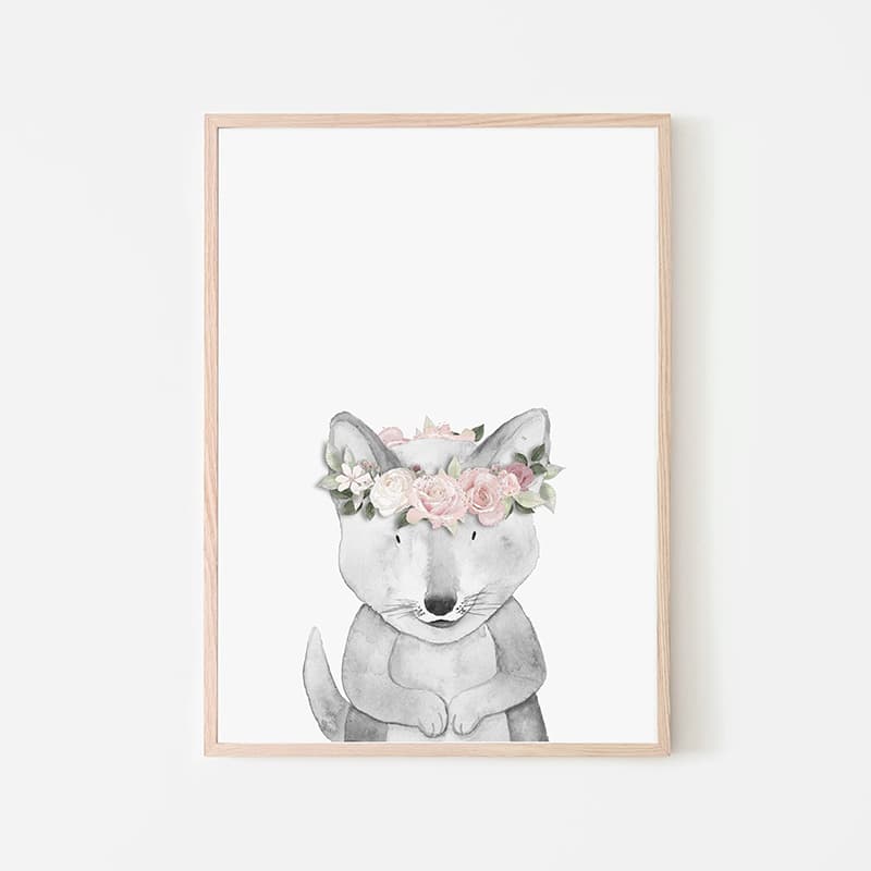 Woodland Animals Pink - Wolf - Pompom Prints